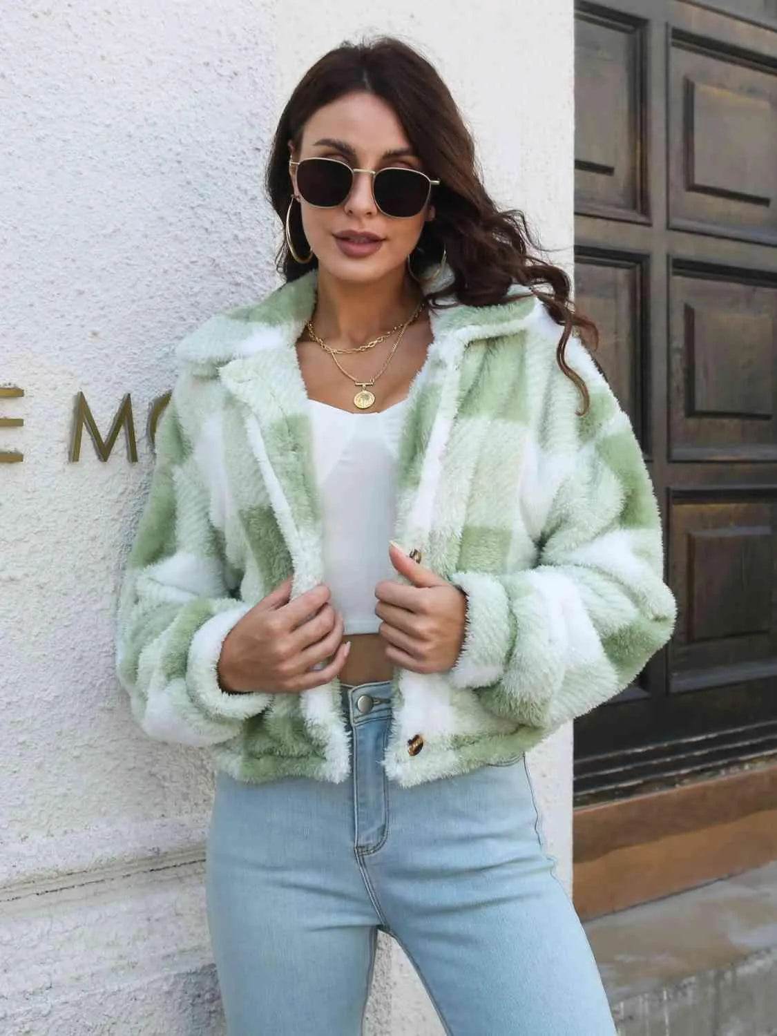 Plaid Dropped Shoulder Buttoned Jacket - Bona Fide Fashion