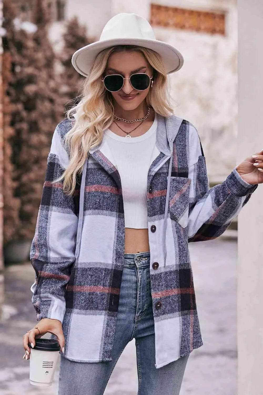 Plaid Dropped Shoulder Hooded Jacket - Bona Fide Fashion