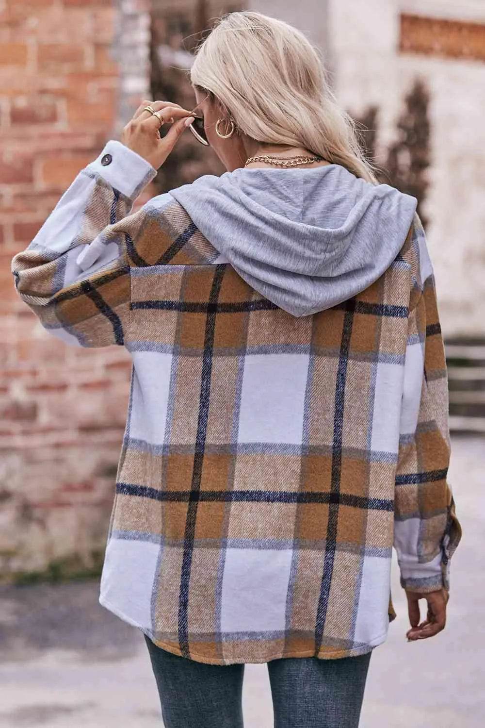 Plaid Dropped Shoulder Hooded Jacket - Bona Fide Fashion