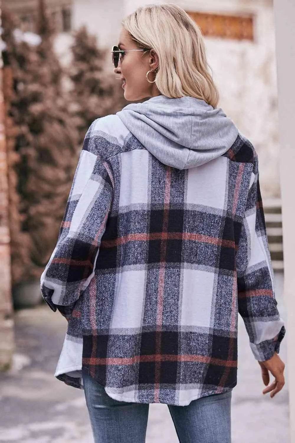Plaid Dropped Shoulder Hooded Jacket - Bona Fide Fashion