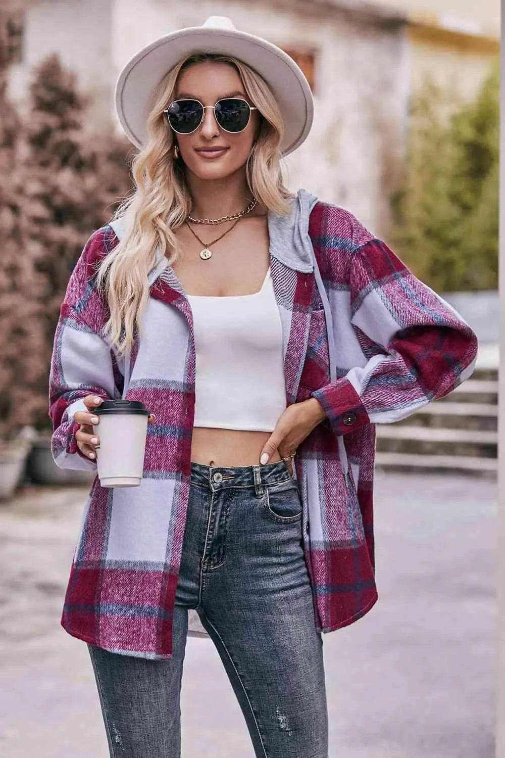 Plaid Dropped Shoulder Hooded Jacket - Bona Fide Fashion