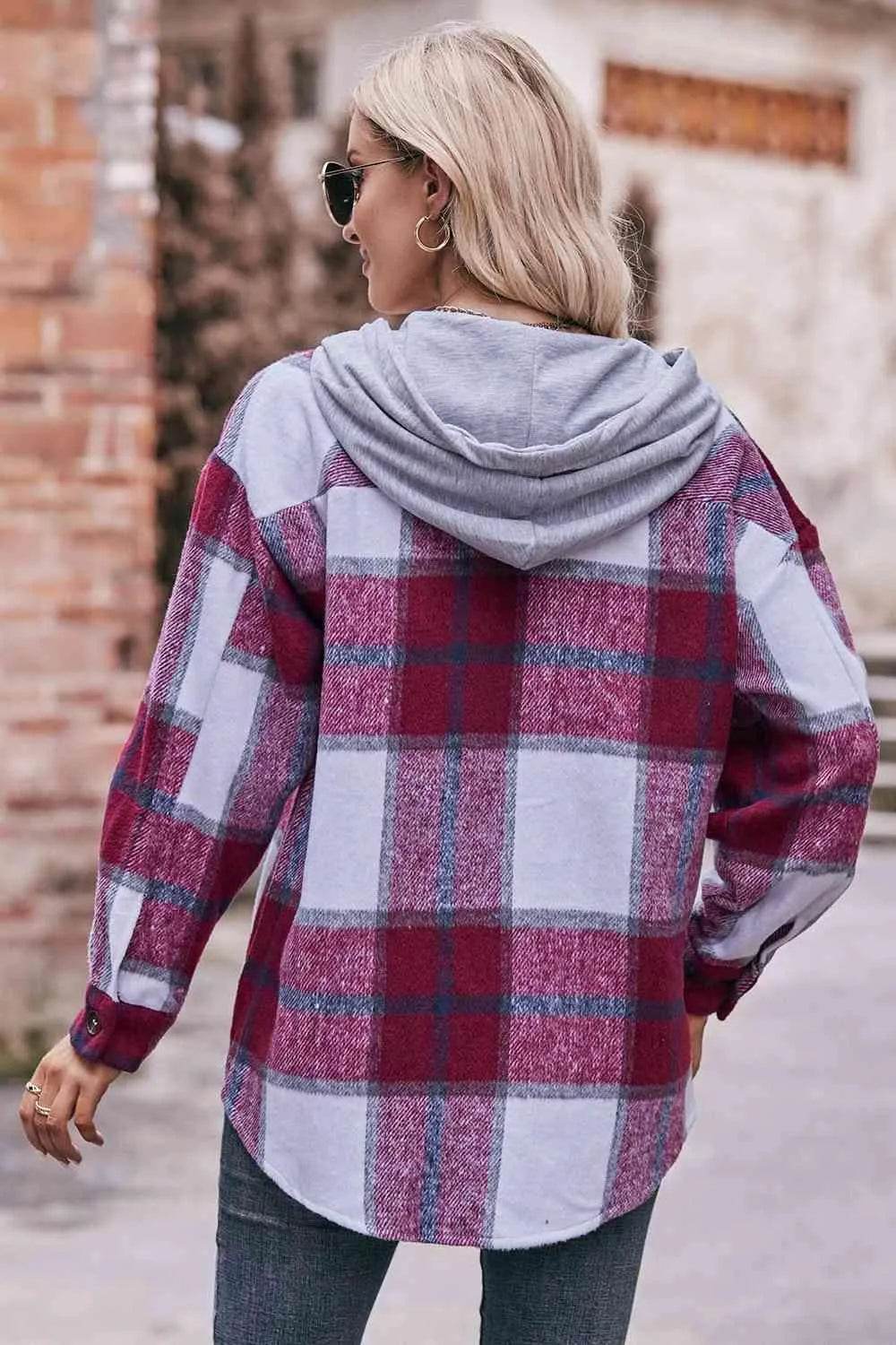 Plaid Dropped Shoulder Hooded Jacket - Bona Fide Fashion
