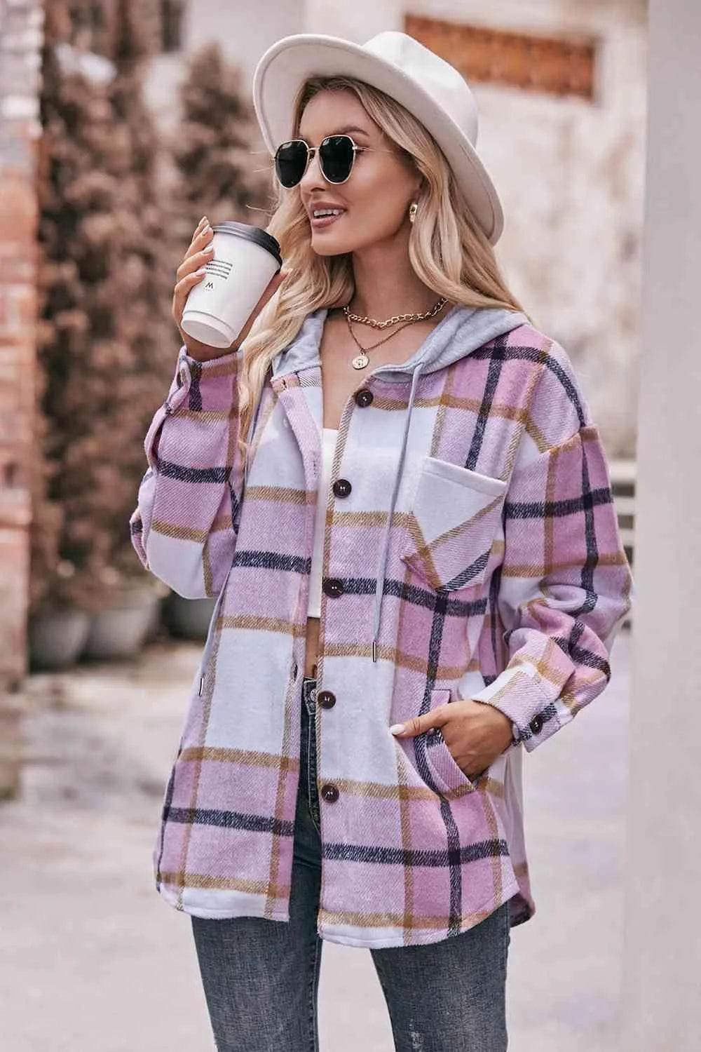 Plaid Dropped Shoulder Hooded Jacket - Bona Fide Fashion