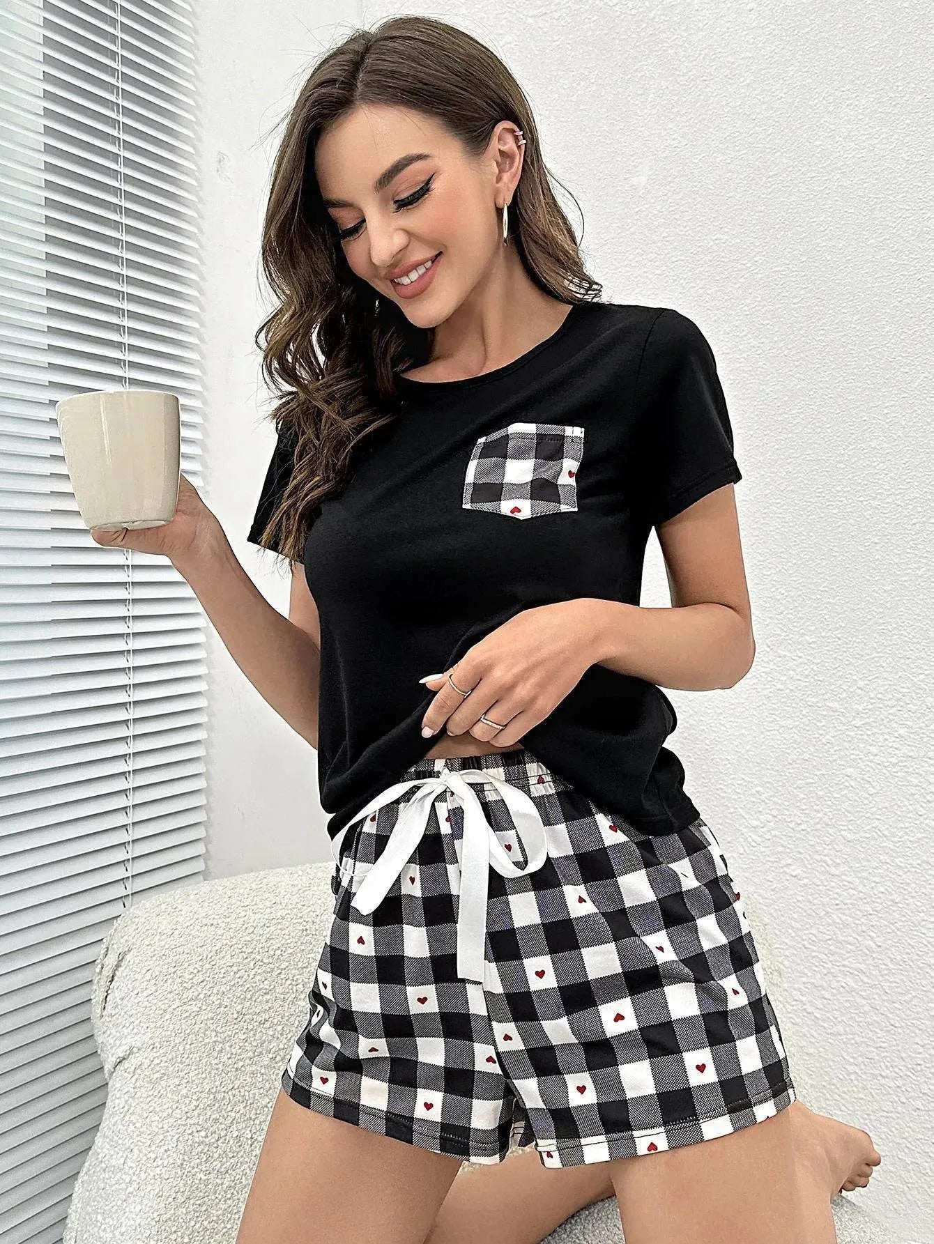 Plaid Heart and Shorts Lounge Set - Bona Fide Fashion