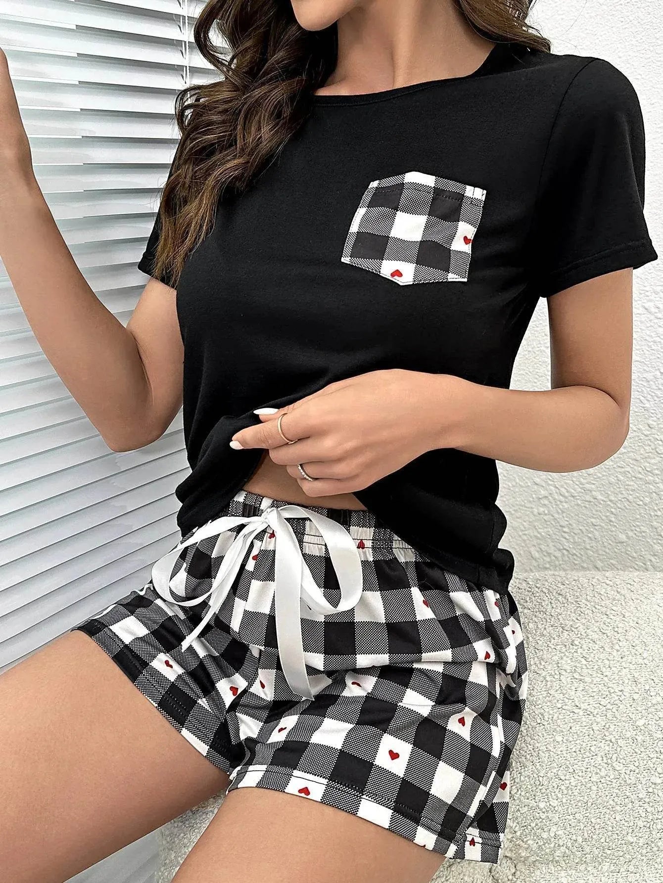 Plaid Heart and Shorts Lounge Set - Bona Fide Fashion