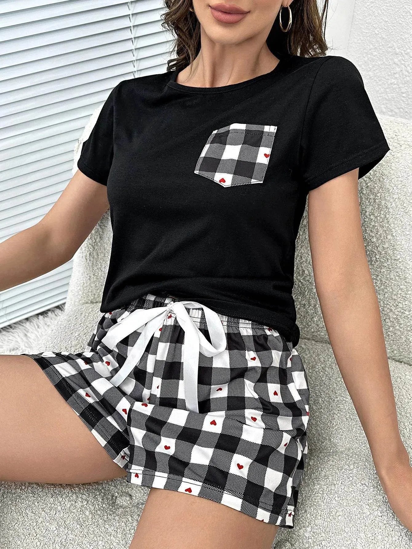 Plaid Heart and Shorts Lounge Set - Bona Fide Fashion
