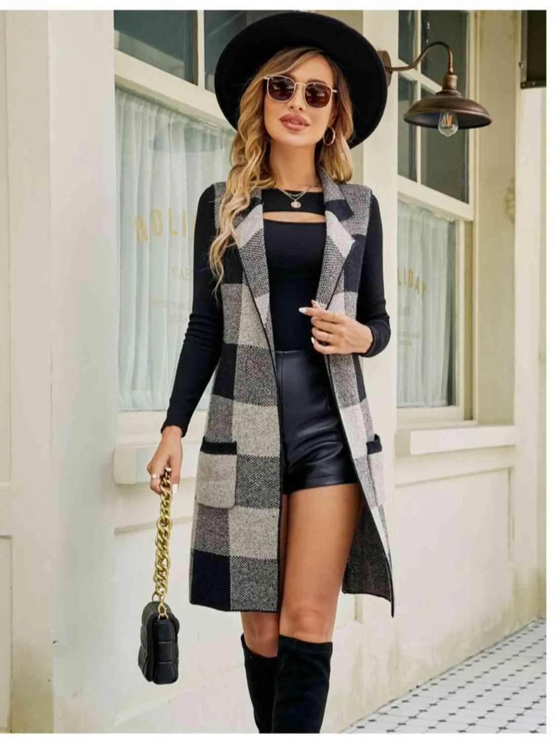 Plaid Lapel Collar Sleeveless Cardigan - Bona Fide Fashion