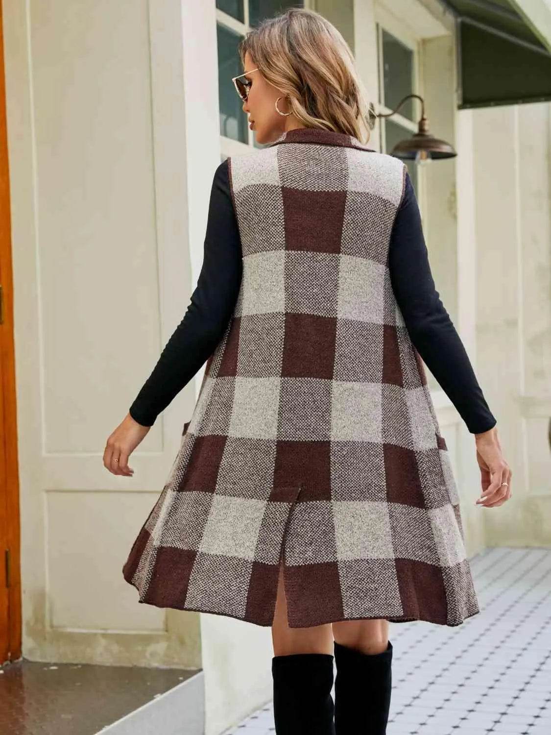 Plaid Lapel Collar Sleeveless Cardigan - Bona Fide Fashion