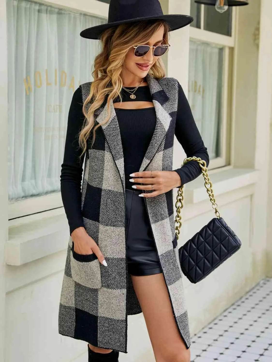 Plaid Lapel Collar Sleeveless Cardigan - Bona Fide Fashion