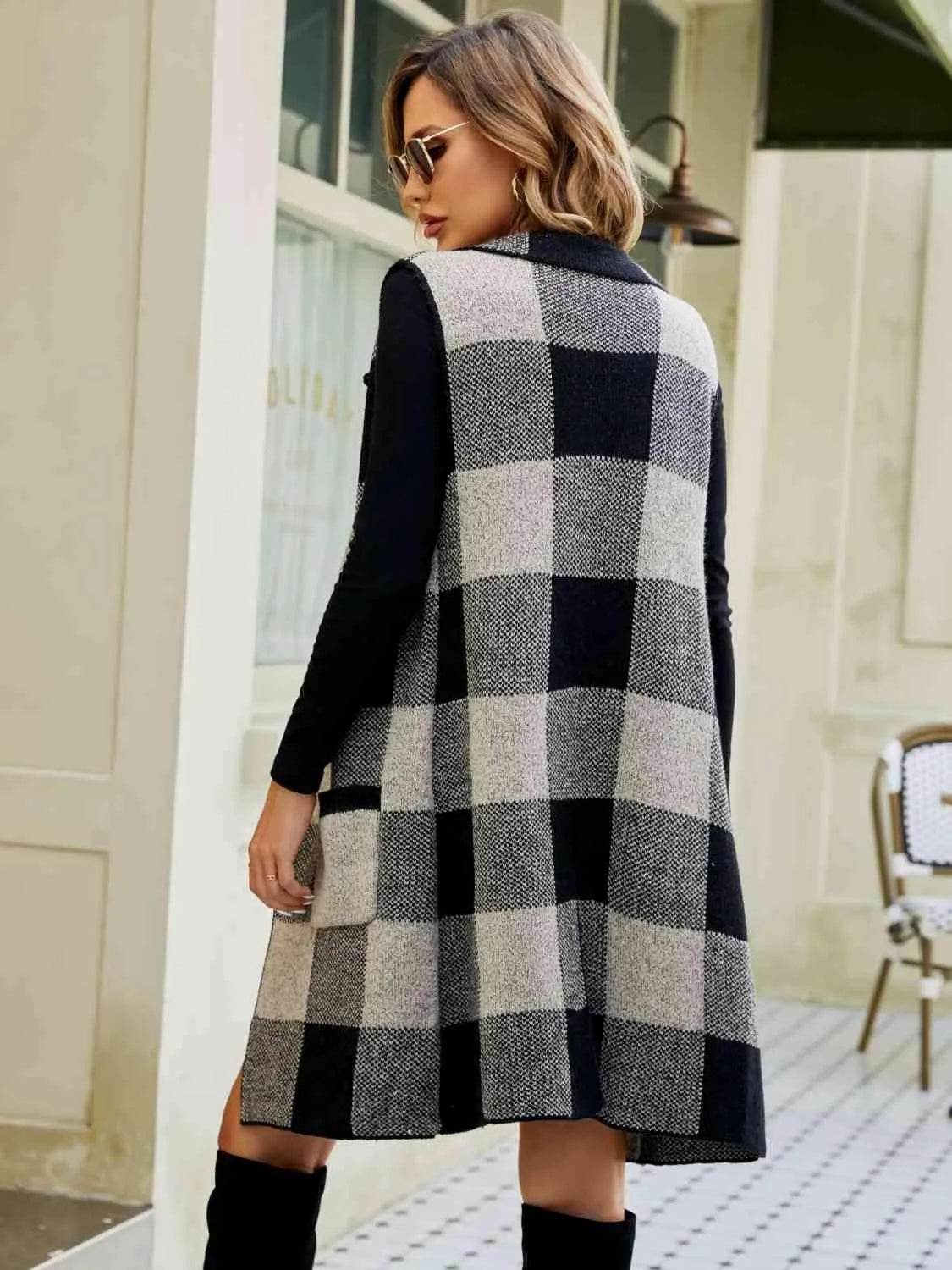 Plaid Lapel Collar Sleeveless Cardigan - Bona Fide Fashion