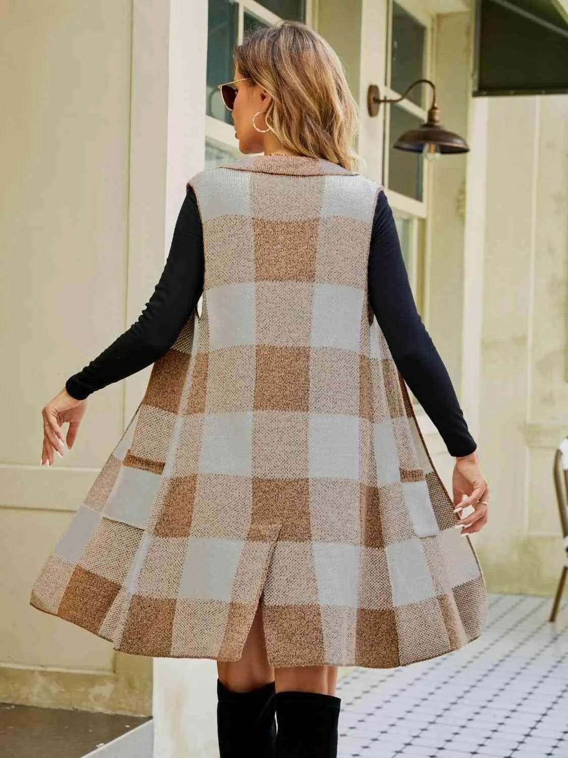 Plaid Lapel Collar Sleeveless Cardigan - Bona Fide Fashion