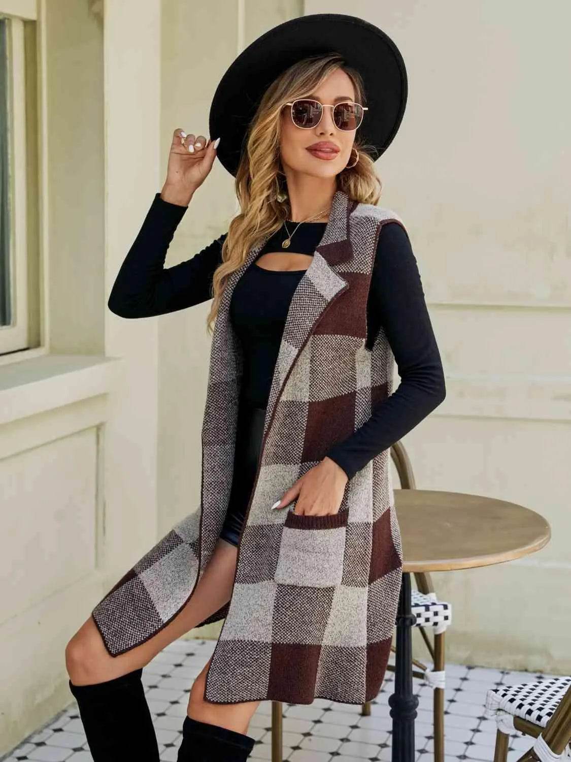 Plaid Lapel Collar Sleeveless Cardigan - Bona Fide Fashion