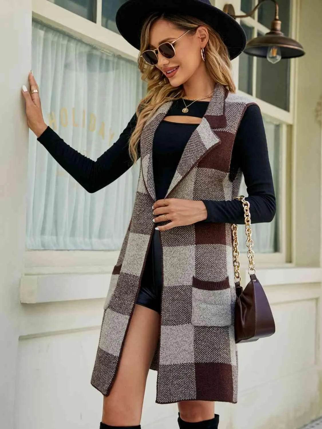 Plaid Lapel Collar Sleeveless Cardigan - Bona Fide Fashion