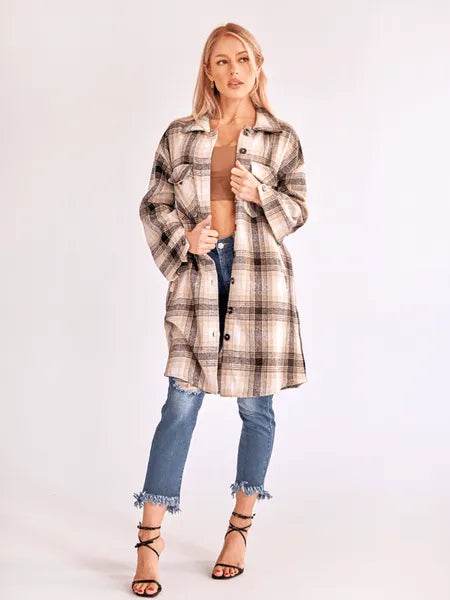 Plaid Long Cardigan Shirt Jacket H72DS3TP49 - Bona Fide Fashion