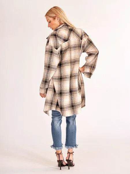 Plaid Long Cardigan Shirt Jacket H72DS3TP49 - Bona Fide Fashion
