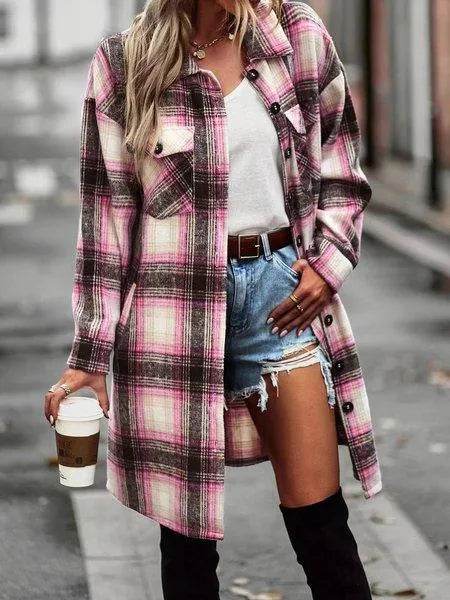 Plaid Long Cardigan Shirt Jacket H72DS3TP49 - Bona Fide Fashion