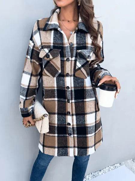 Plaid Long Cardigan Shirt Jacket H72DS3TP49 - Bona Fide Fashion