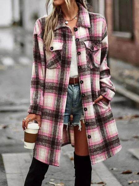 Plaid Long Cardigan Shirt Jacket H72DS3TP49 - Bona Fide Fashion