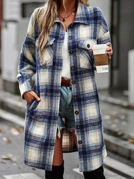 Plaid Long Cardigan Shirt Jacket H72DS3TP49 - Bona Fide Fashion