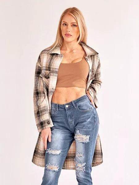 Plaid Long Cardigan Shirt Jacket H72DS3TP49 - Bona Fide Fashion