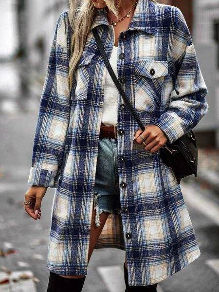 Plaid Long Cardigan Shirt Jacket H72DS3TP49 - Bona Fide Fashion