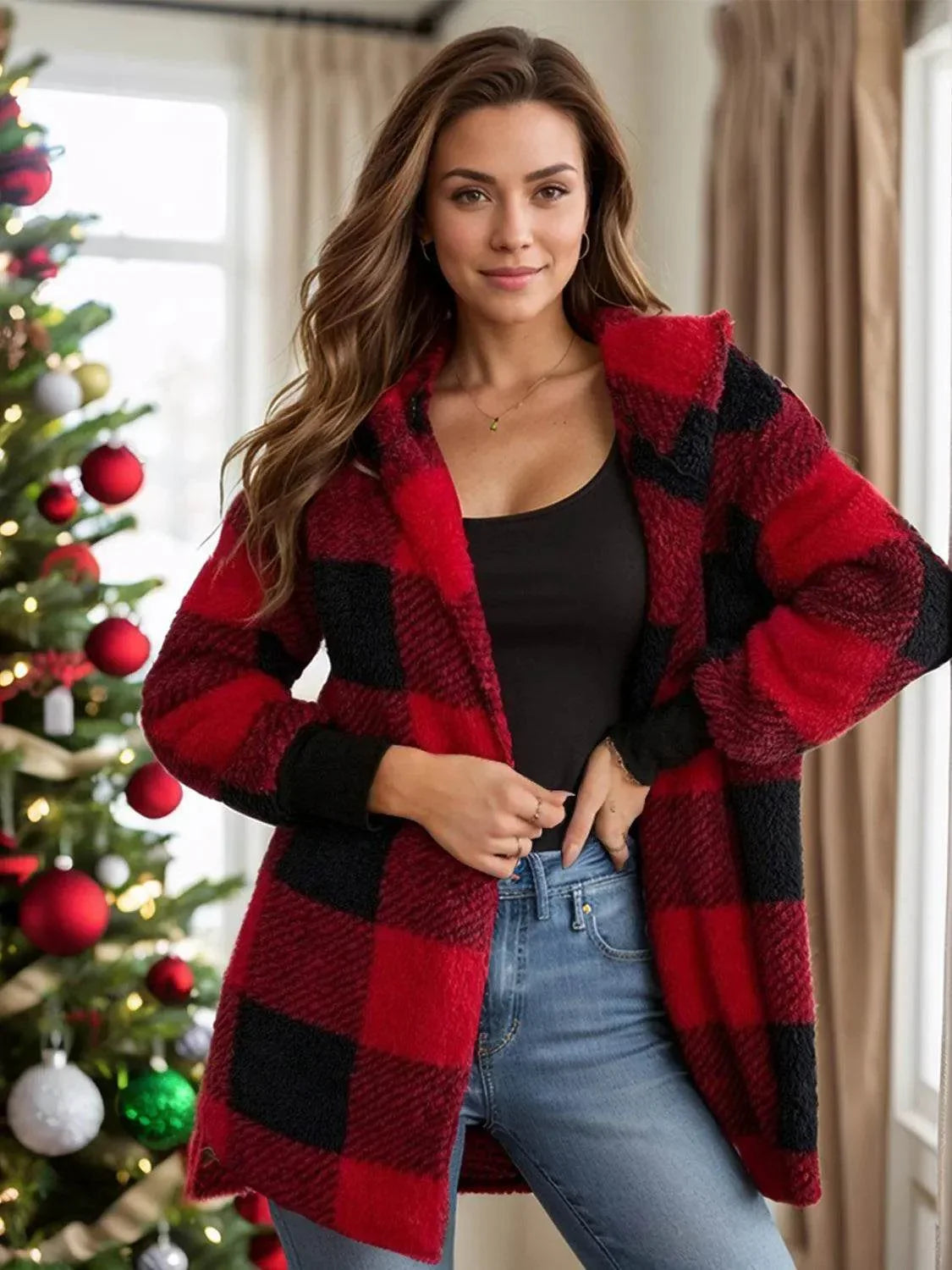 Plaid Long Sleeve Hooded Coat - Bona Fide Fashion