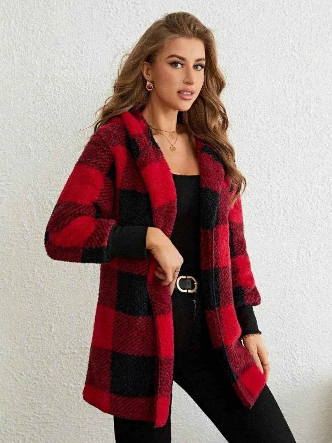 Plaid Long Sleeve Hooded Coat - Bona Fide Fashion