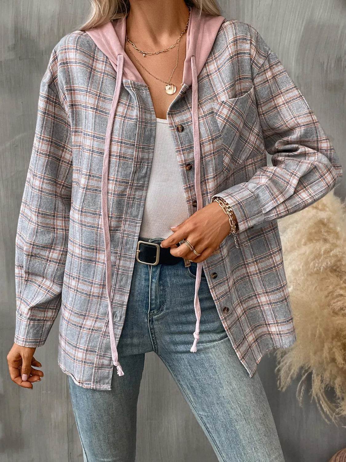 Plaid Long Sleeve Hooded Jacket - Bona Fide Fashion