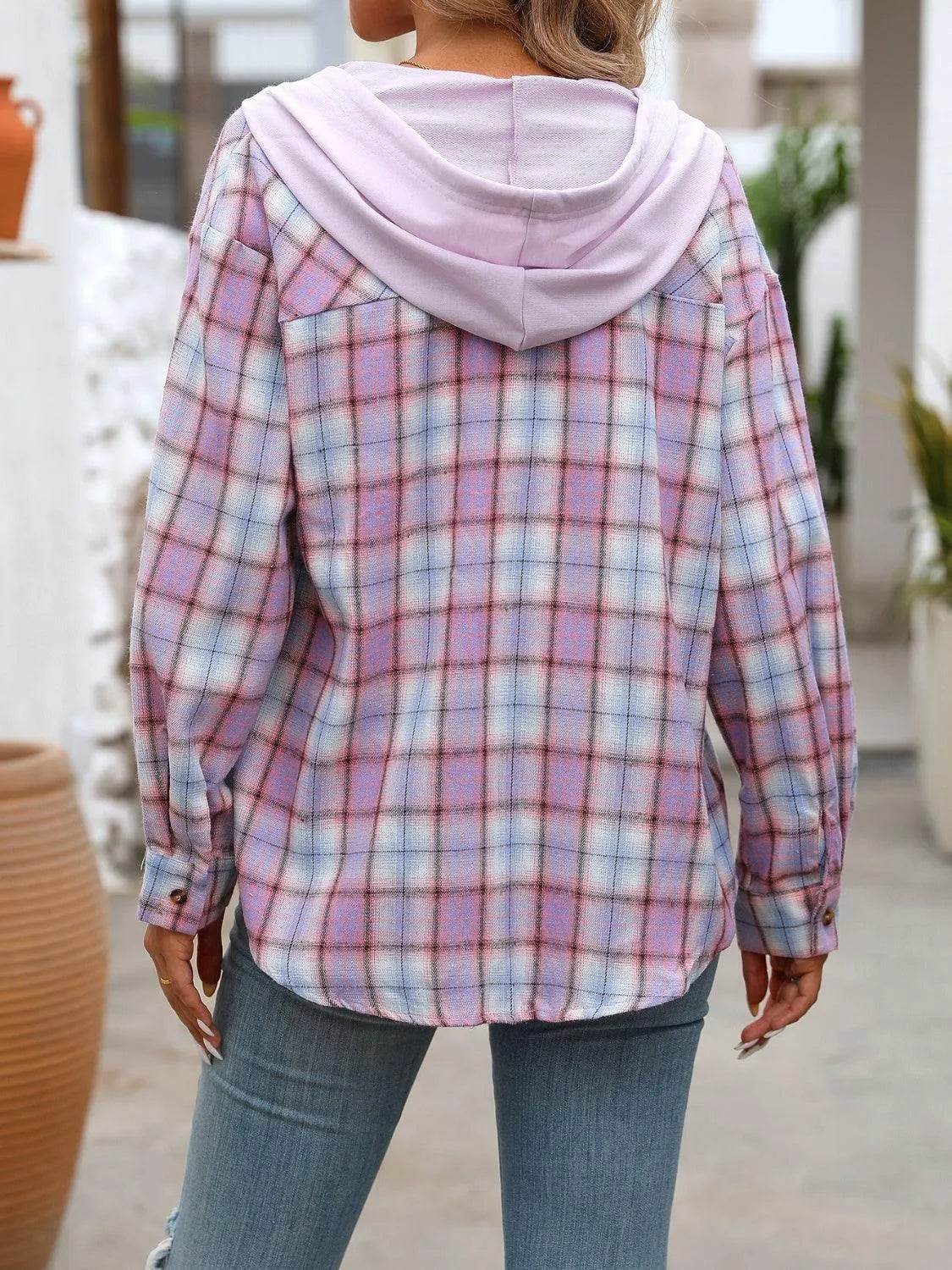 Plaid Long Sleeve Hooded Jacket - Bona Fide Fashion