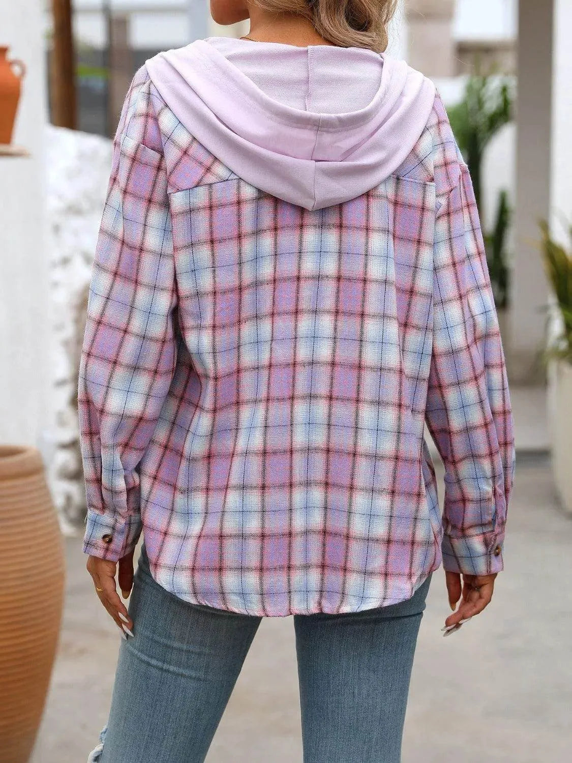 Plaid Long Sleeve Hooded Jacket - Bona Fide Fashion