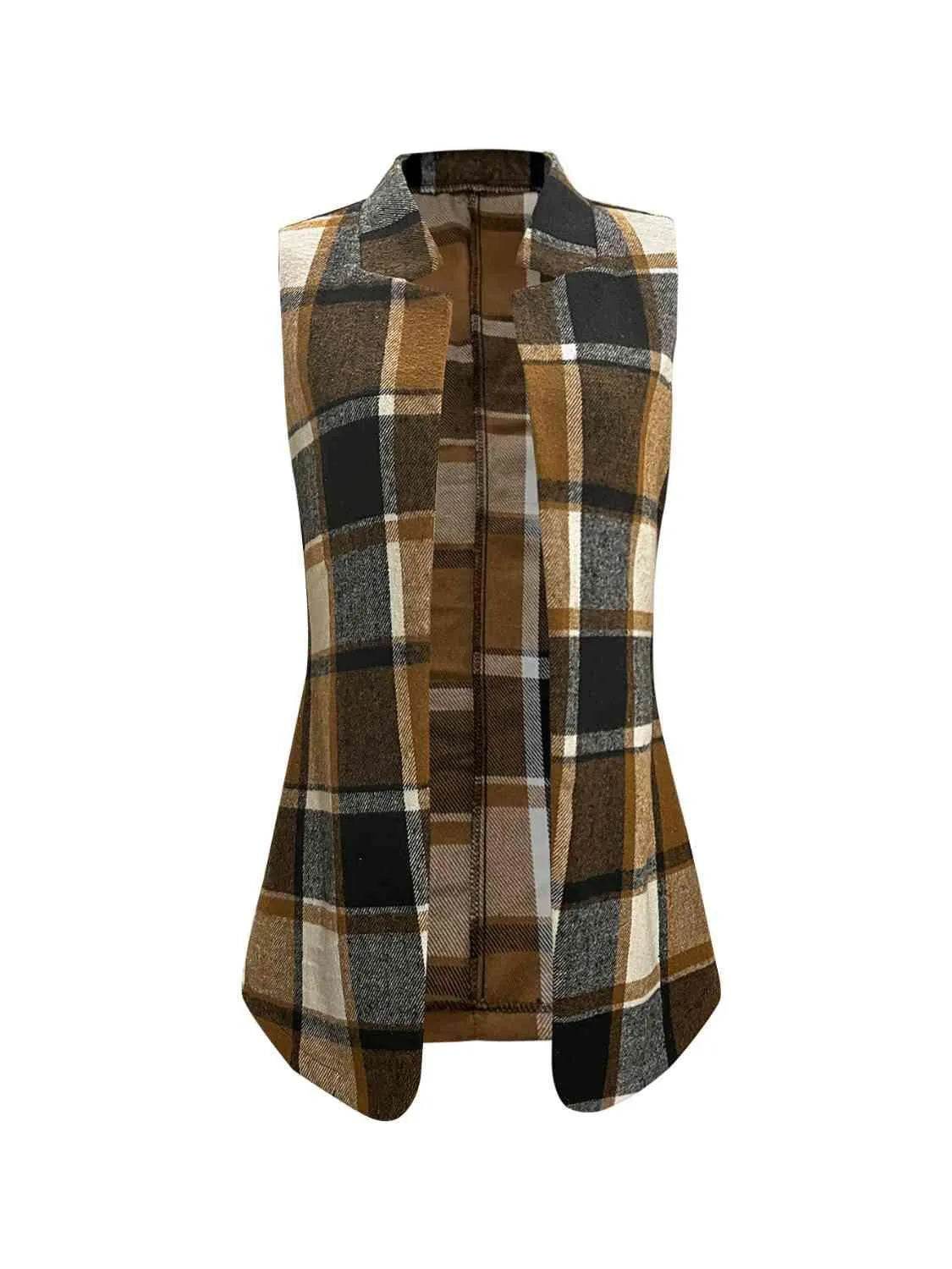 Plaid Open Front Collared Neck Vet - Bona Fide Fashion