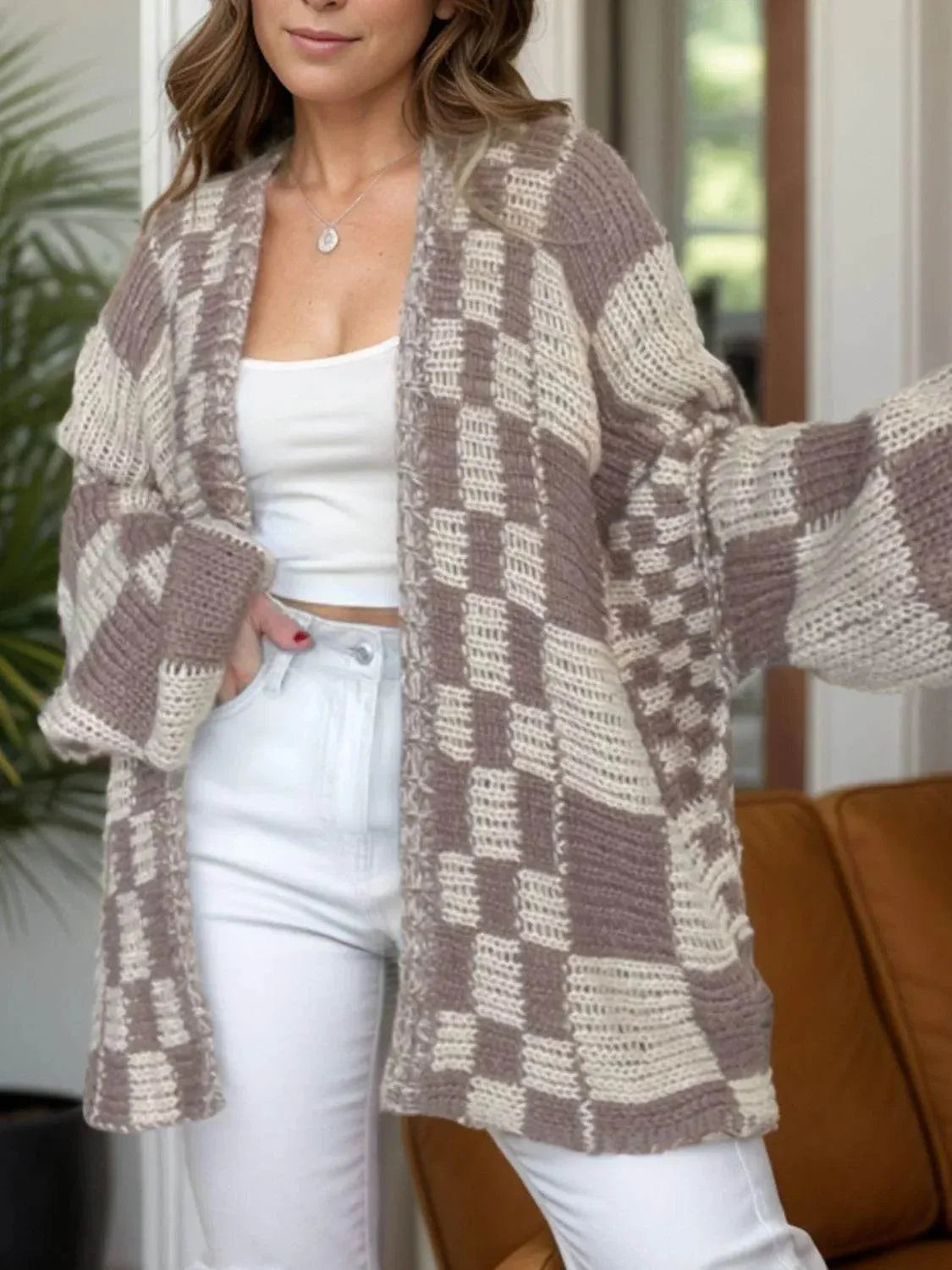 Plaid Open Front Long Sleeve Cardigan - Bona Fide Fashion