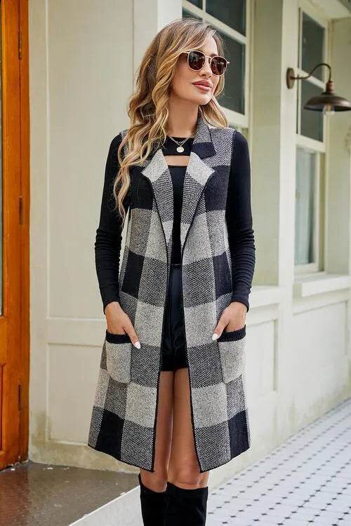 Plaid Open Front Sleeveless Cardigan with Pockets - Bona Fide Fashion