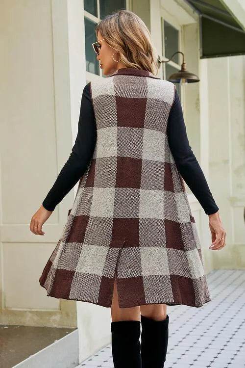 Plaid Open Front Sleeveless Cardigan with Pockets - Bona Fide Fashion