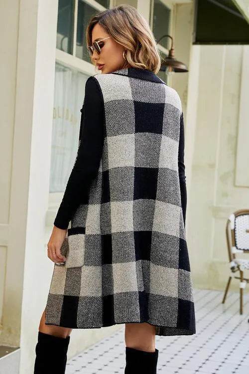 Plaid Open Front Sleeveless Cardigan with Pockets - Bona Fide Fashion