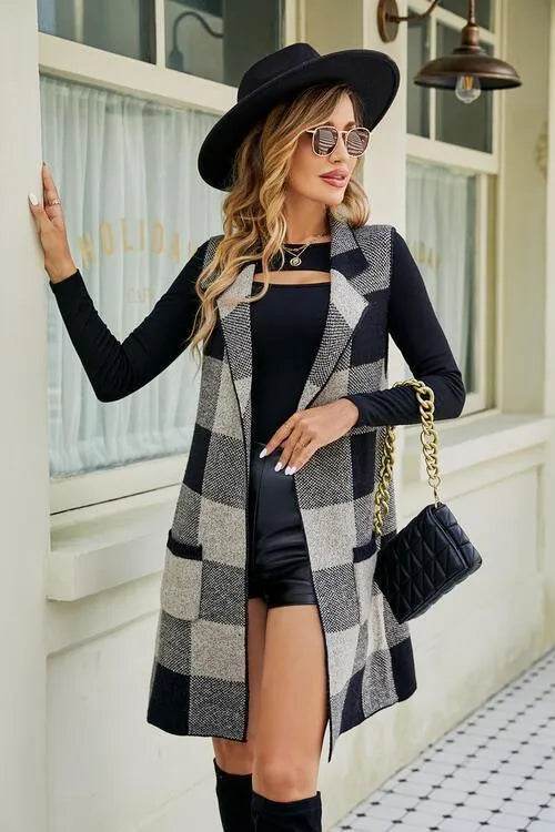 Plaid Open Front Sleeveless Cardigan with Pockets - Bona Fide Fashion