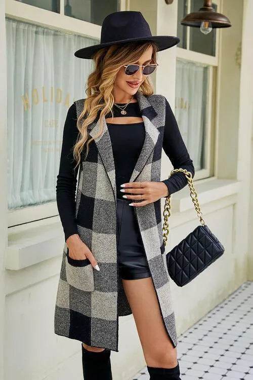 Plaid Open Front Sleeveless Cardigan with Pockets - Bona Fide Fashion