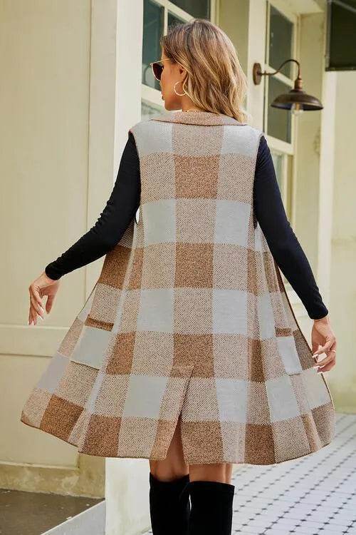 Plaid Open Front Sleeveless Cardigan with Pockets - Bona Fide Fashion