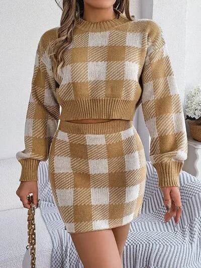 Plaid Round Neck Top and Skirt Sweater Set - Bona Fide Fashion