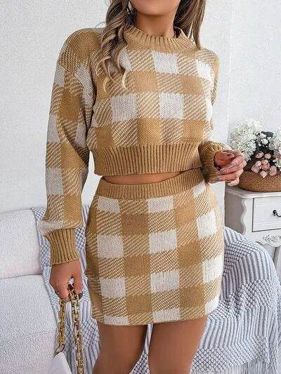 Plaid Round Neck Top and Skirt Sweater Set - Bona Fide Fashion
