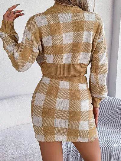 Plaid Round Neck Top and Skirt Sweater Set - Bona Fide Fashion