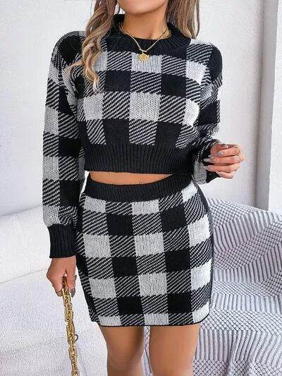 Plaid Round Neck Top and Skirt Sweater Set - Bona Fide Fashion