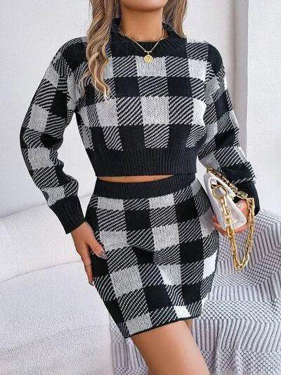 Plaid Round Neck Top and Skirt Sweater Set - Bona Fide Fashion