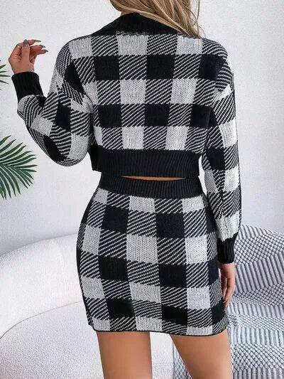 Plaid Round Neck Top and Skirt Sweater Set - Bona Fide Fashion