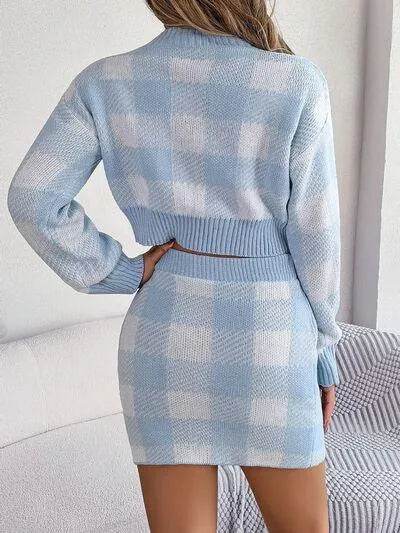 Plaid Round Neck Top and Skirt Sweater Set - Bona Fide Fashion