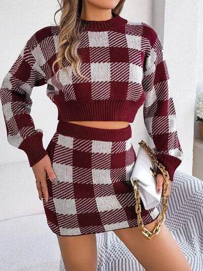 Plaid Round Neck Top and Skirt Sweater Set - Bona Fide Fashion