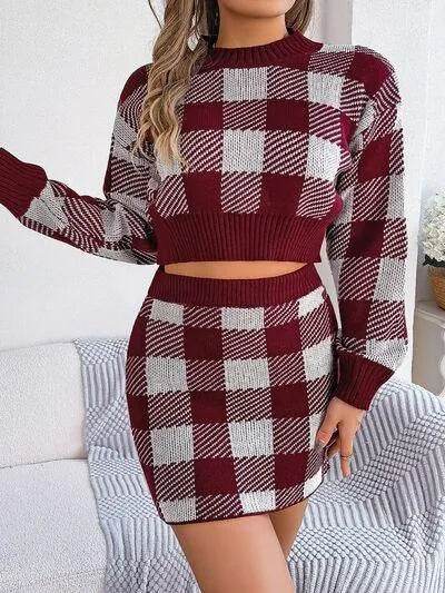 Plaid Round Neck Top and Skirt Sweater Set - Bona Fide Fashion
