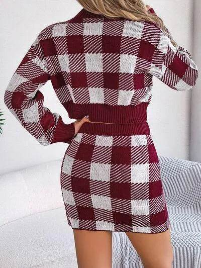 Plaid Round Neck Top and Skirt Sweater Set - Bona Fide Fashion