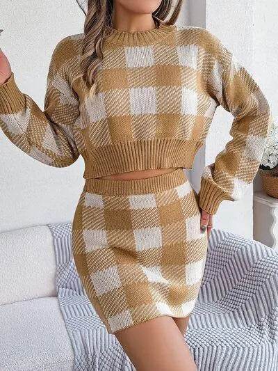 Plaid Round Neck Top and Skirt Sweater Set - Bona Fide Fashion