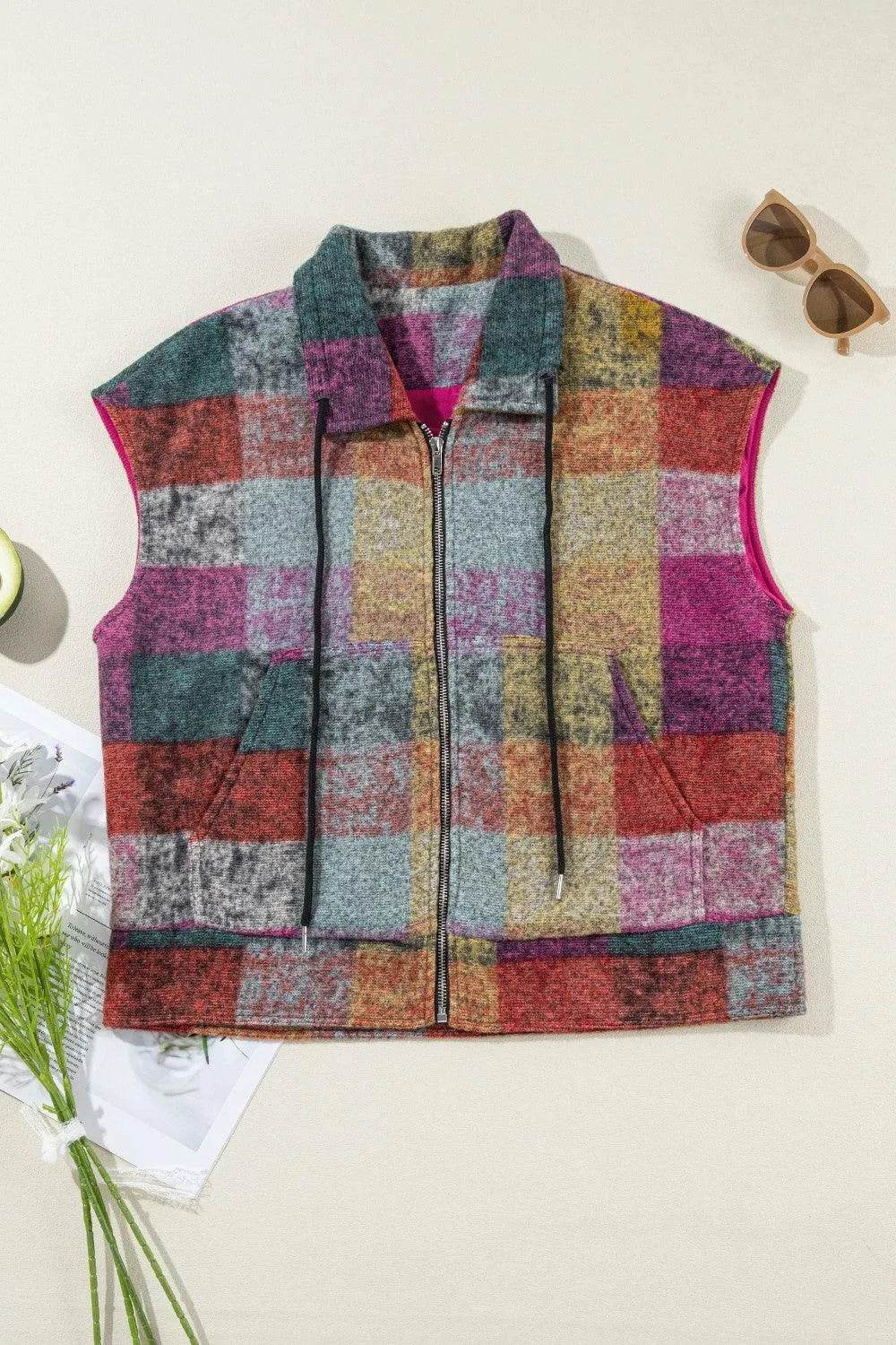 Plaid Zip Up Collared Neck Vest Coat - Bona Fide Fashion
